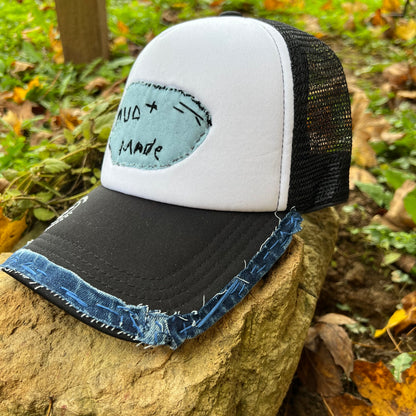 Handmade Trucker Hat – Vintage Distressed Denim Patch | Country Style | Snapback Cap | Mud Made